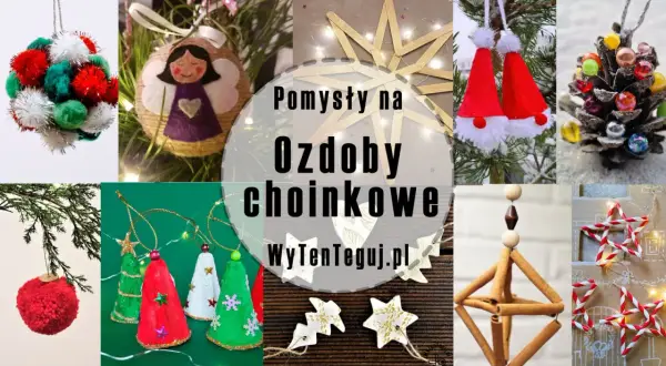 Kolaż zdjęć z różnymi ręcznie robionymi ozdobami choinkowymi: bombki, aniołek, gwiazdy, czapki Mikołaja, szyszka.