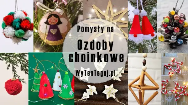 Kolaż zdjęć z różnymi ręcznie robionymi ozdobami choinkowymi: bombki, aniołek, gwiazdy, czapki Mikołaja, szyszka.